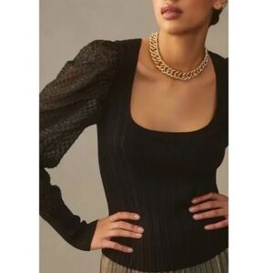 Anthropologie Puff‎ Sleeve Ribbed Shimmer Sweater In Black / Women's Size Small